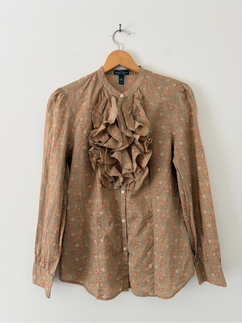 Ralph Lauren Tan Floral Ruffle Front Button-Down Blouse